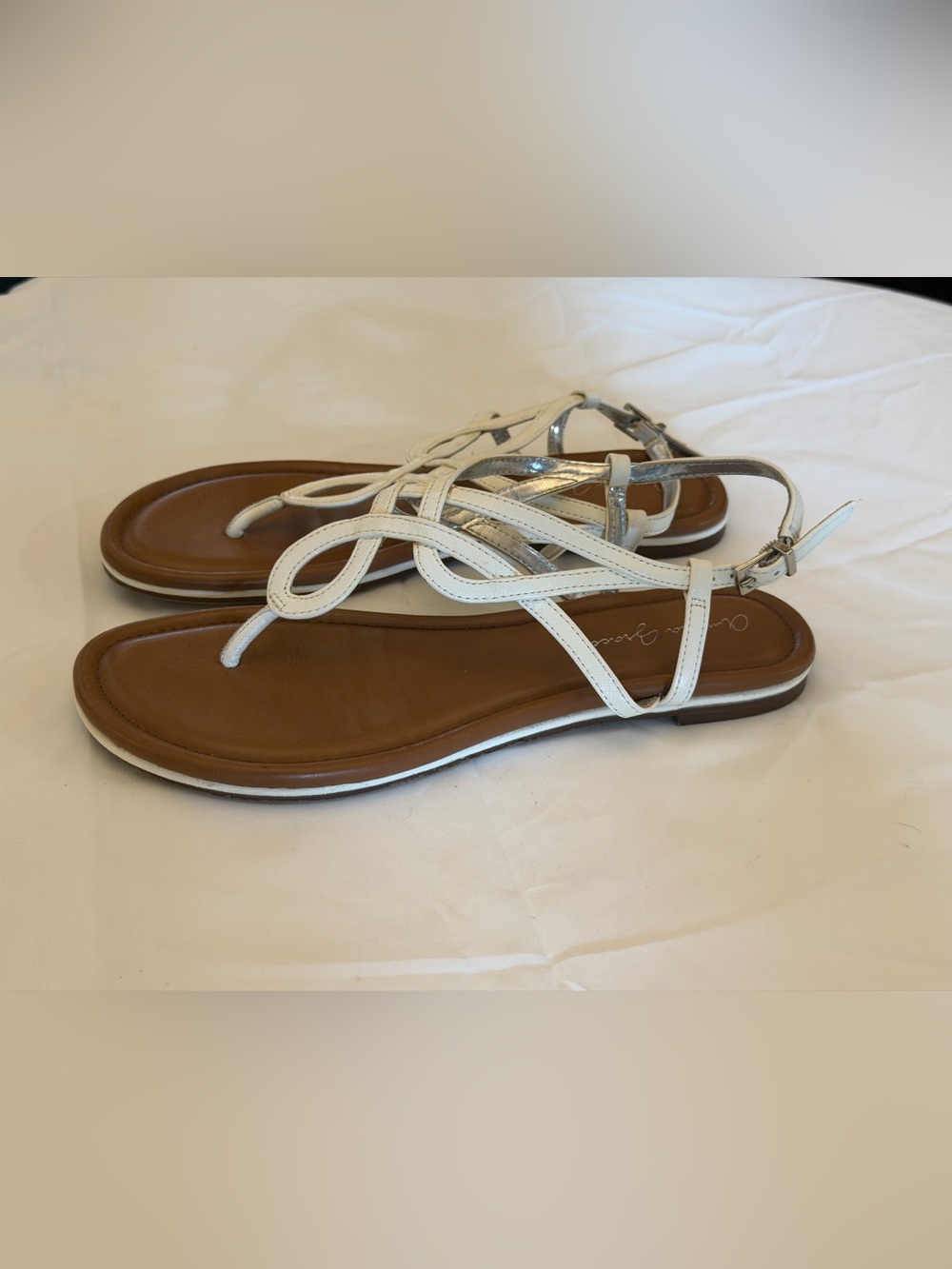 White Leather Strappy Toe-Loop Sandals with Ankle Buckle